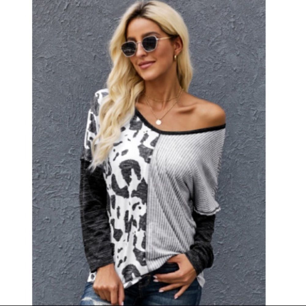 Gray Spot & Color Block Blouse